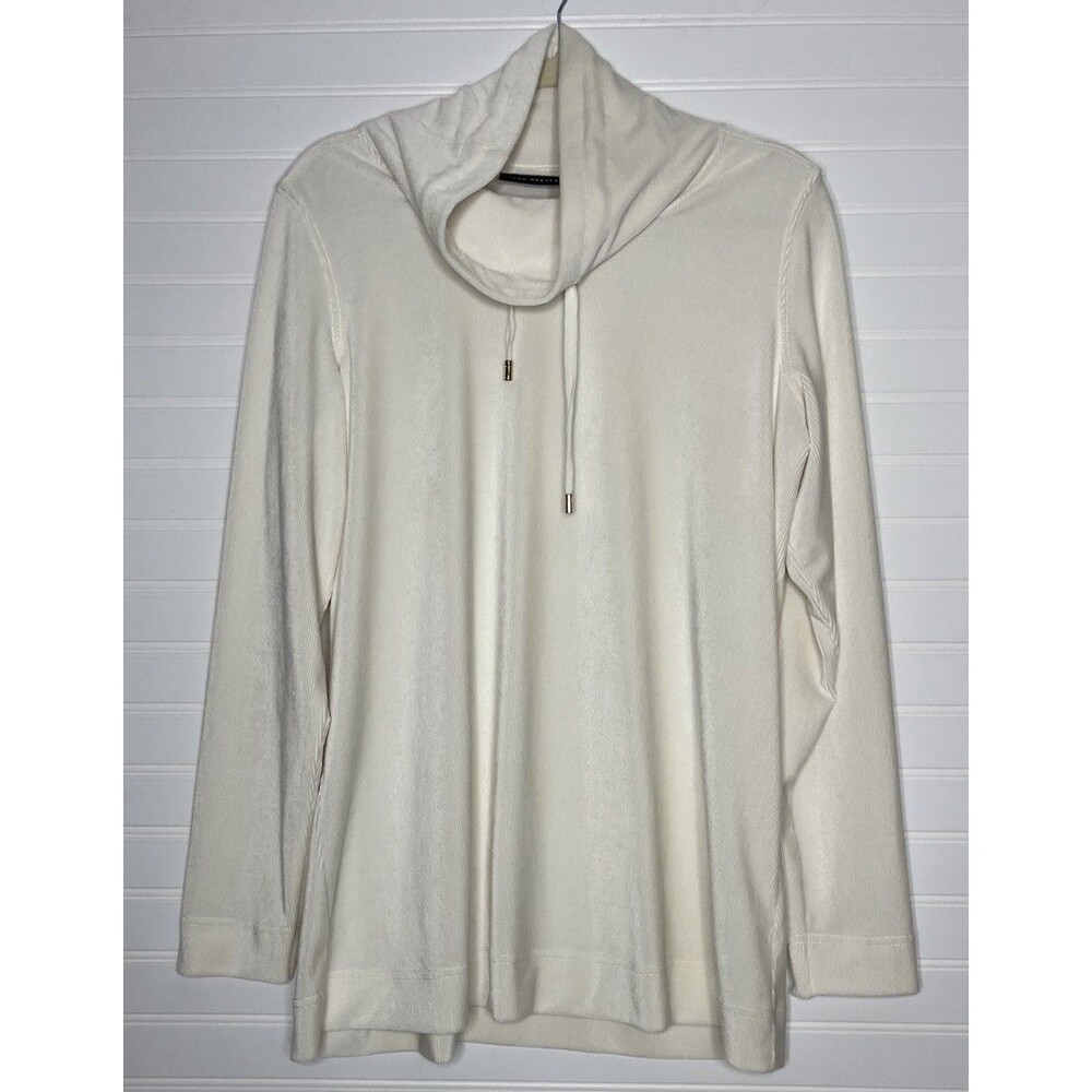Susan Graver Weekend Long Sleeve Top Cream Large Funnel Neck Drawstring NWOT